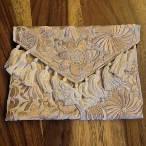 Floral Embroidered Clutch with Tassels